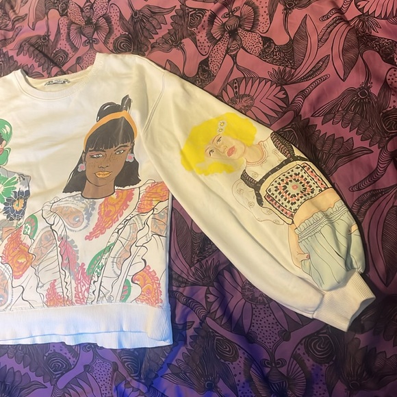 ZARA Blogger Fave Ecru Multi Girls Print Sweatshirt $59.90 EUC S Rare HTF - Picture 11 of 16